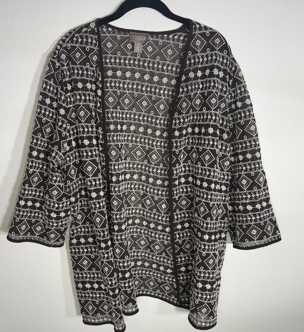 Chico's Size 3 Brown White Embroidered Open Front Kimono Cardigan XL Boho